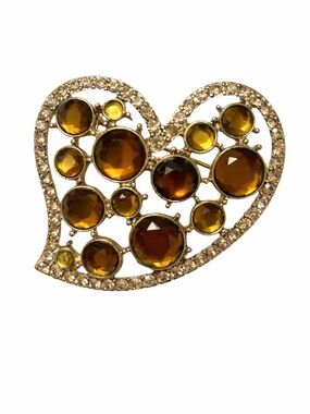 Vintage Monet Amber Rhinestone Heart Brooch Gold Tone Statement Pin